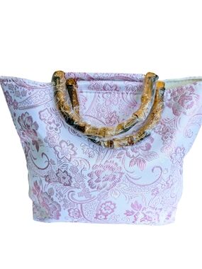 Luxury Floral Embroidered Tote Bag Genuine Bamboo Handle Brocade Boho Chic NWT